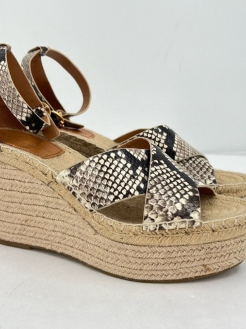 Tory Burch Shelby Snake-Print Espadrille Wedge Sandals in Beige and Black